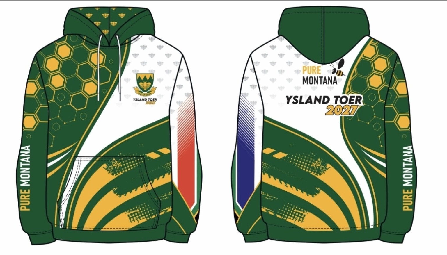 Ontwerp van die beplande Ysland Toer 2027-hoodie in groen, goud en wit